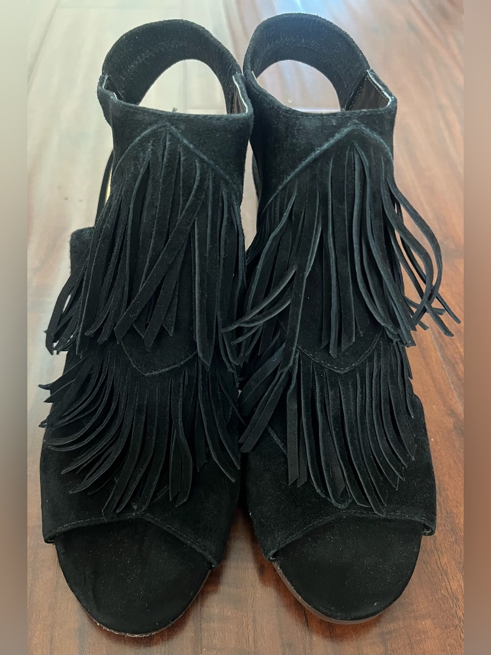 Sam Edelman Black Suede Fringe Block Heel Sandals